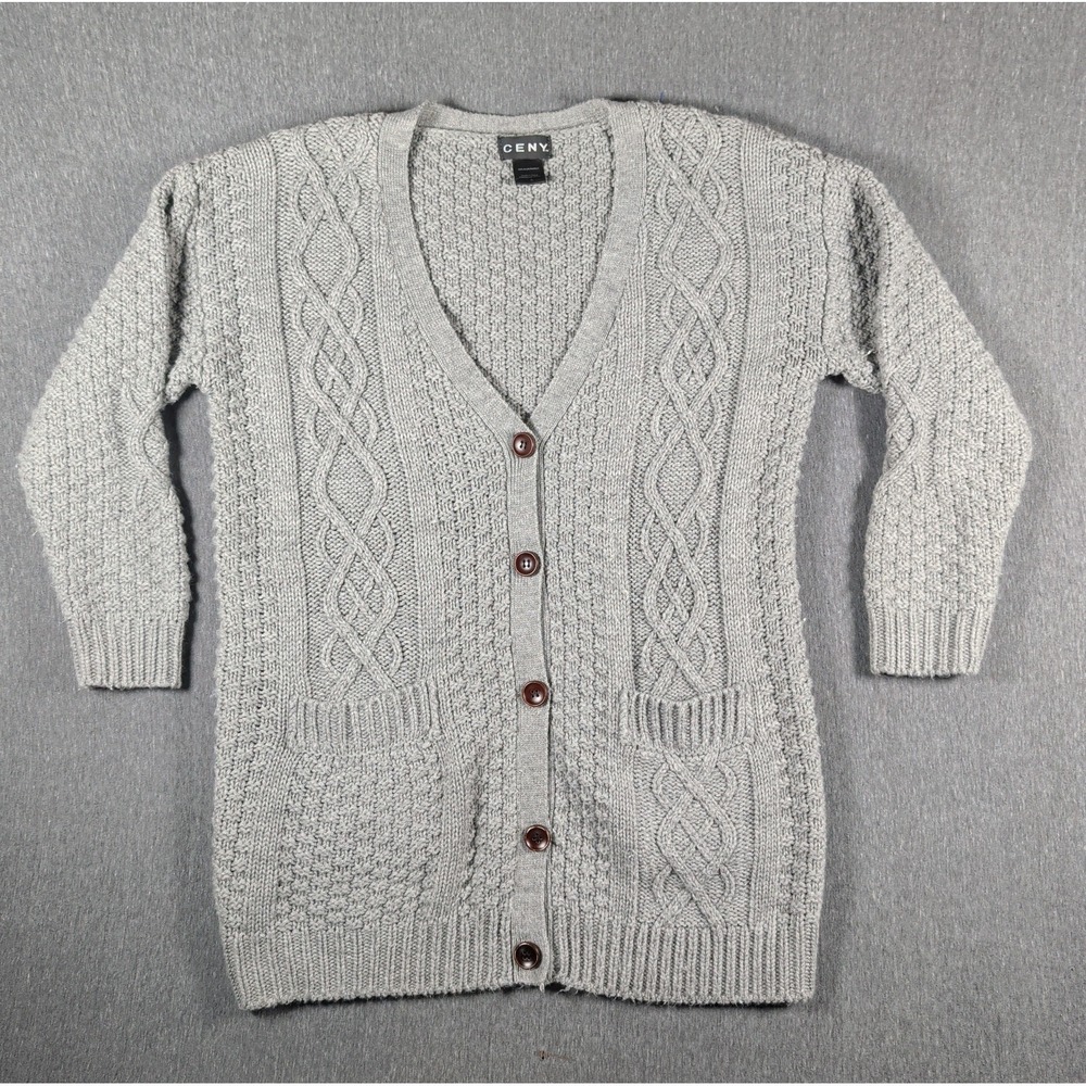 Chunky Cable Knit Cardigan Button Chore Sweater Gray‎ Sz Small CENY Unisex Y2K